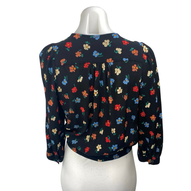 Madewell Women's Black Floral Print Long Puff Sleeve V-neck Wrap Blouse Top Sz M