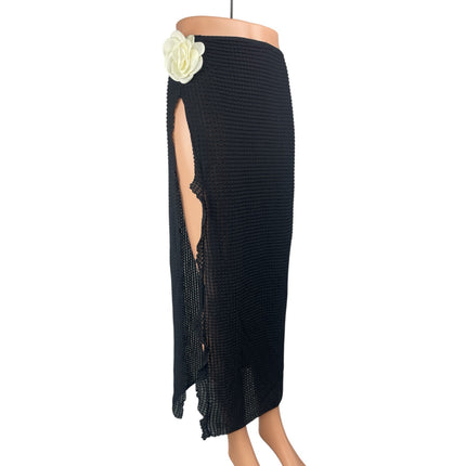 Women's Black Flower High Slit Sheer Midi Beach Swim Cover Up Skirt Size S/M