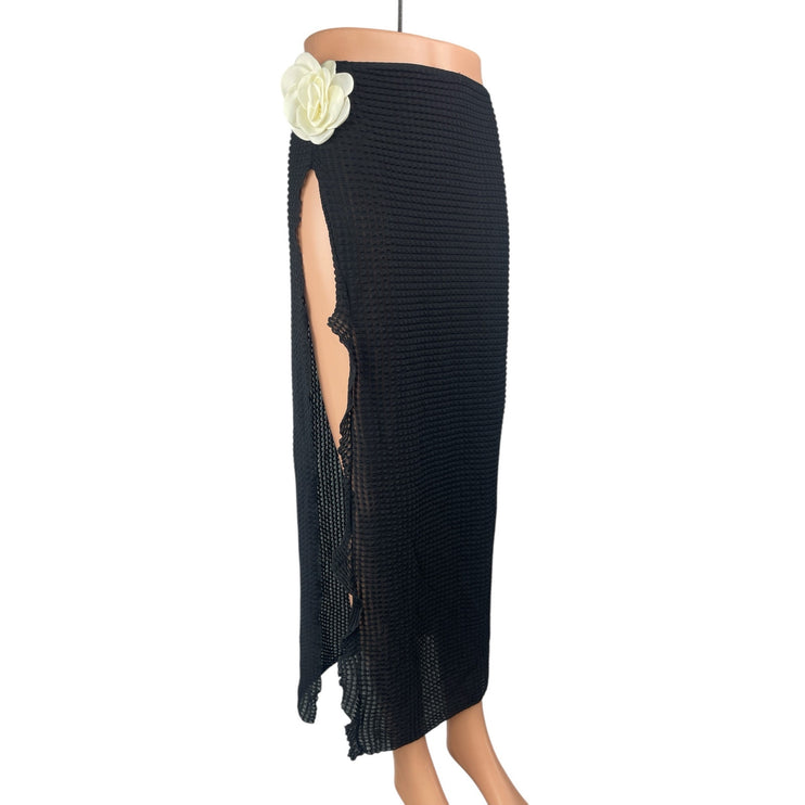 Women's Black Flower High Slit Sheer Midi Beach Swim Cover Up Skirt Size S/M