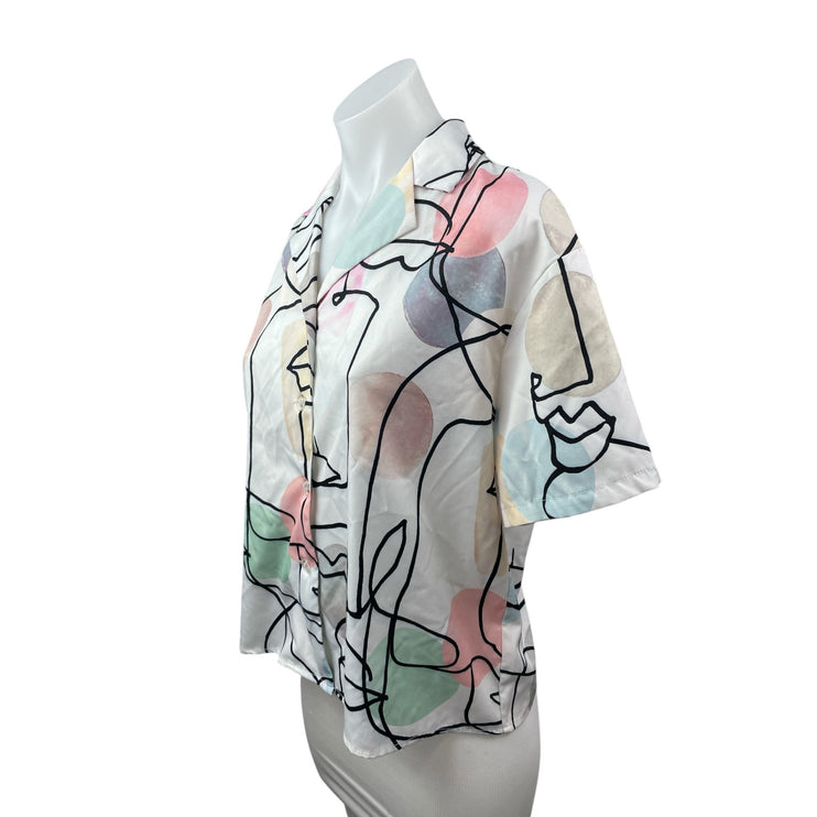 Womens Multicolor Abstract Print Collared Short Sleeve Button Down Shirt Top S/M