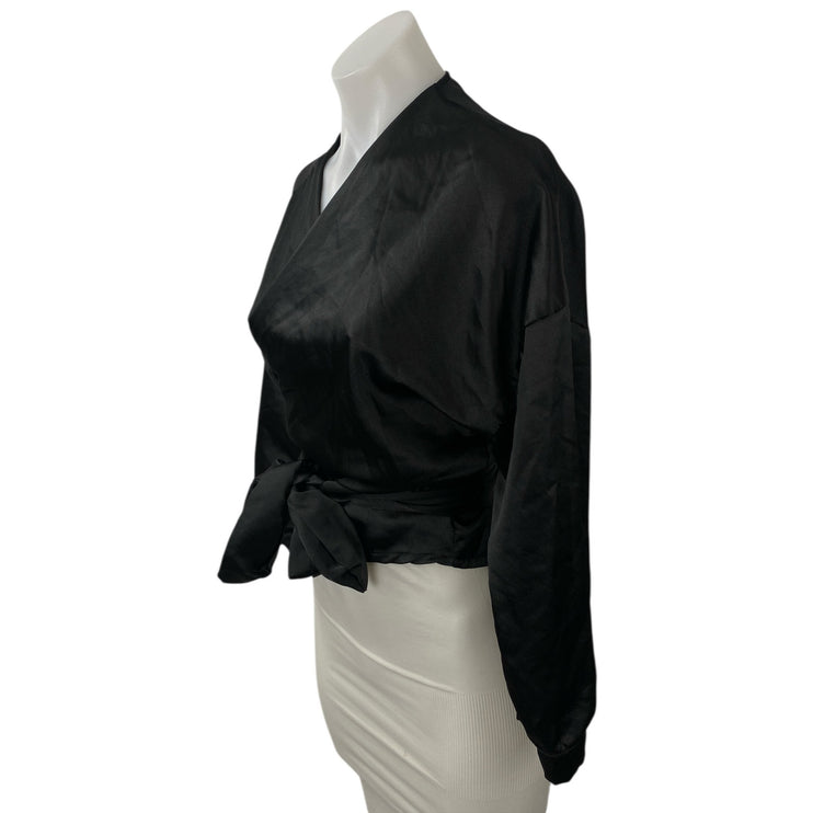 Boohoo Women's Black Silk Satin Long Sleeve Tie Cropped Wrap Blouse Top Size S