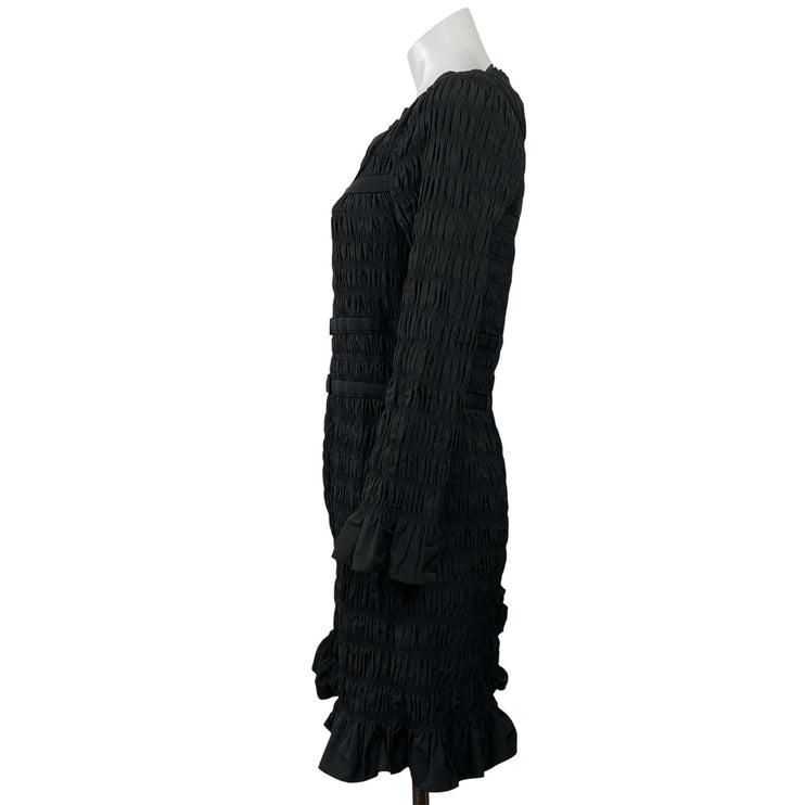 DOEN Cecelia Black Smocked Ruffles Boat Neck Bell Long Sleeve Bodycon Dress L