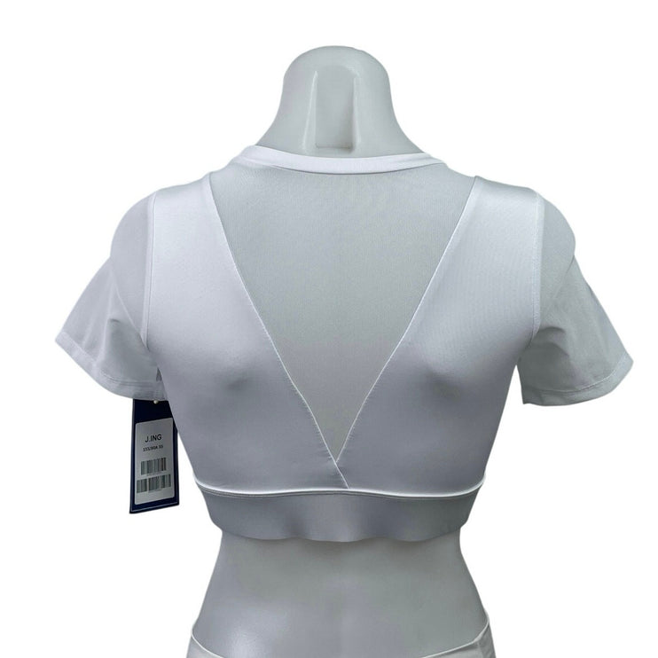 NEW J. Ing Women's White Short Sleeve Cutout Mesh Crew Neck Crop Top Size XS