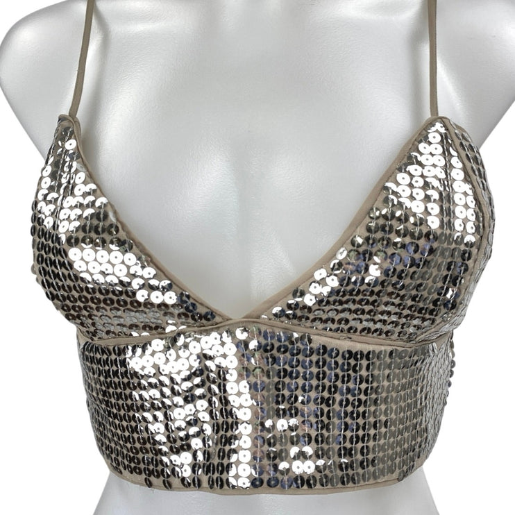 NBD Silver Beige Sequin Metallic Sleeveless Cami Camisole Tank Crop Top Size S