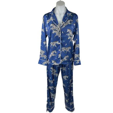 Averie Blue Silk Satin Zebra Print Button Down 2 Piece Sleepwear Pajamas Set S