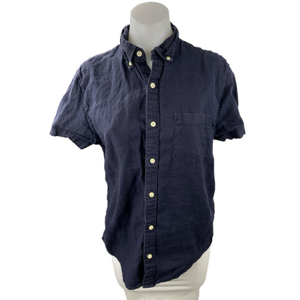 J.Crew Men's Navy Blue Linen Collared Short Sleeve Slim Button Down Shirt Top M
