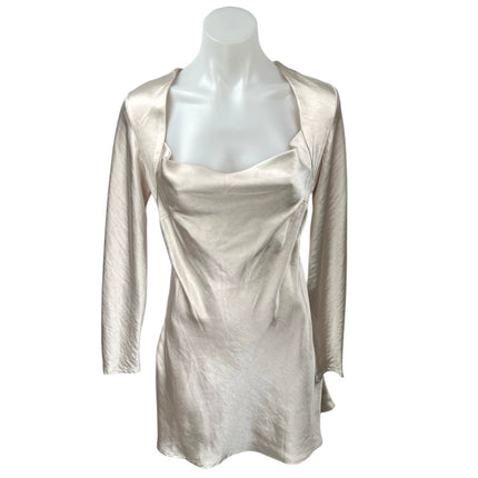 NEW Selfie Leslie Beige Champagne Silk Satin Long Sleeve A Line Mini Dress XS