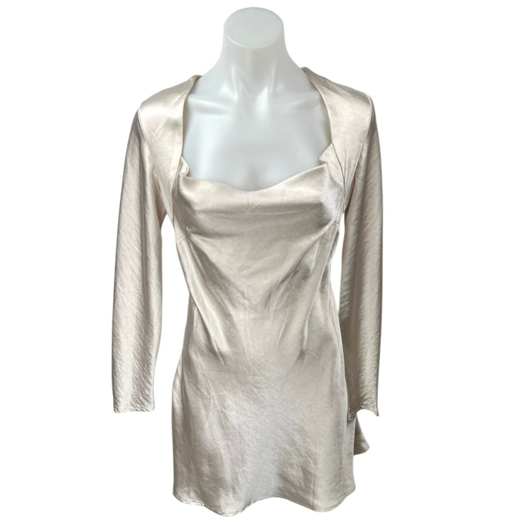 NEW Selfie Leslie Beige Champagne Silk Satin Long Sleeve A Line Mini Dress XS