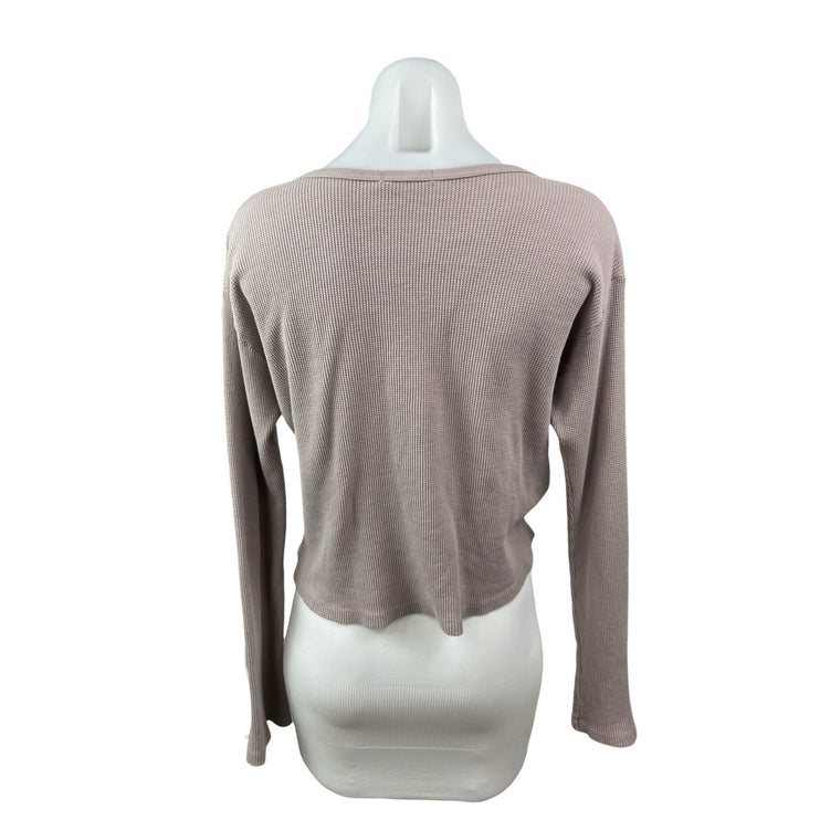 Brandy Melville Beige Taupe Waffle Knit Long Sleeve Henley Thermal Crop Top S/M