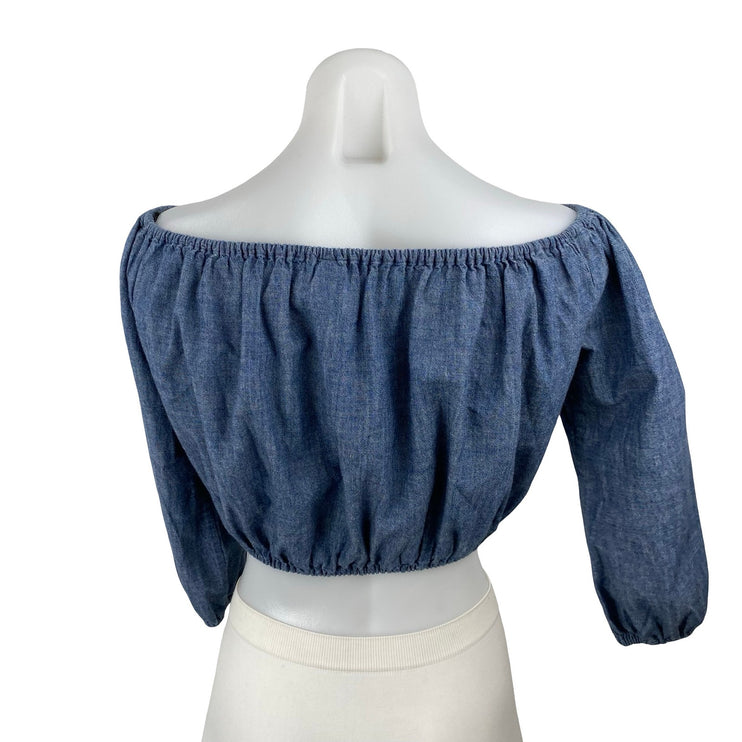 Theory Waleska Chambray Ruched Long Puff Sleeve Off Shoulder Crop Blouse Top S
