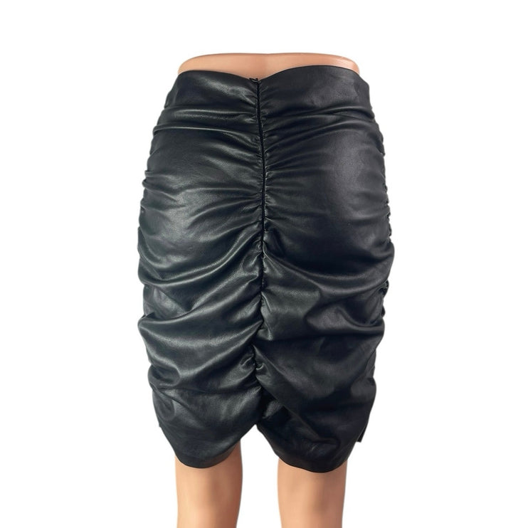 Hyfve Women's Black Faux Leather Vegan High Waist Ruched Pencil Mini Skirt Sz S