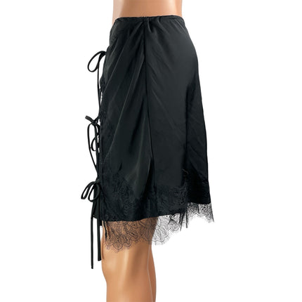 Free People Intimately All Tied Up Black Lace Satin Half Slip Mini Skirt Size M