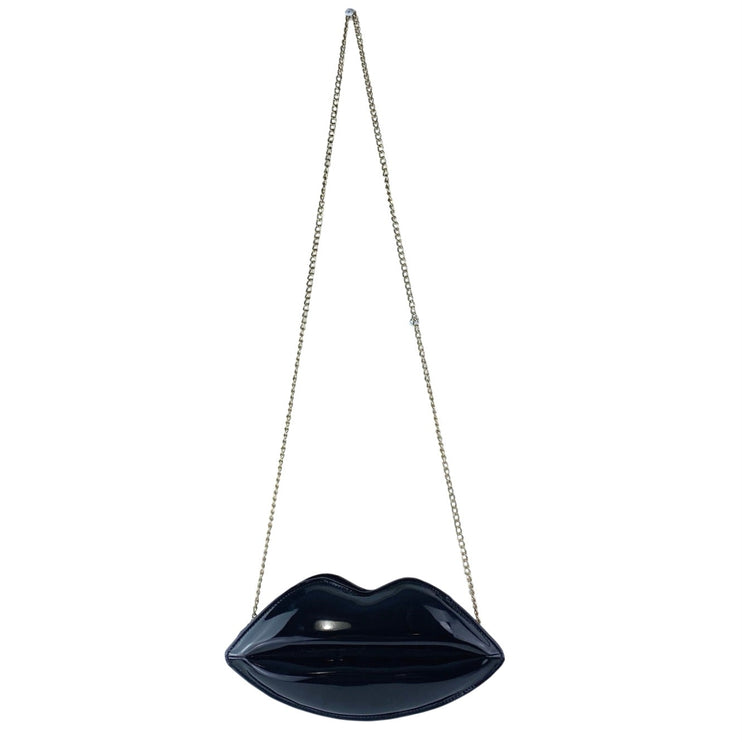 Black Patent Faux Leather Vegan Zip Chain Crossbody Lip Purse Clutch Bag OS