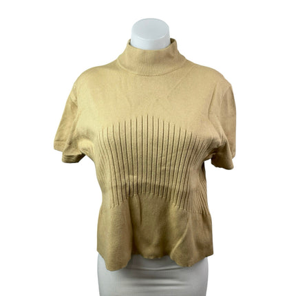 Rena Rowan Beige Silk Short Sleeve Mock Neck Ribbed Knit Sweater Top Size XL