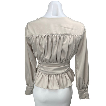 Jason Wu Beige Silk Satin V-neck Ruffle Peplum Long Sleeve Blouse Top Size XS