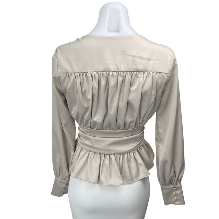 Jason Wu Beige Silk Satin V-neck Ruffle Peplum Long Sleeve Blouse Top Size XS