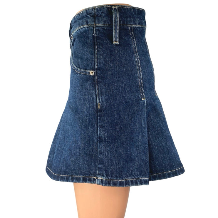 Zara Women's Blue Pleated High Waisted Mini A-Line Flared Denim Jeans Skirt XS