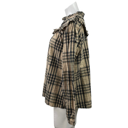 Tu Clothing Women's Beige Plaid Flannel Long Sleeve Ruffle Blouse Top Size 16