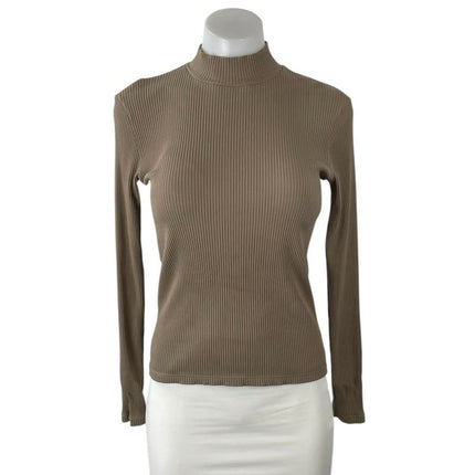 Uniqlo Women's Brown Ribbed Knit Mock Neck Long Sleeve Tee T-Shirt Blouse Top XS