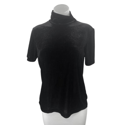 White Stag Women's Black Velvet Velour Turtleneck Short Sleeve Sweater Top Sz L