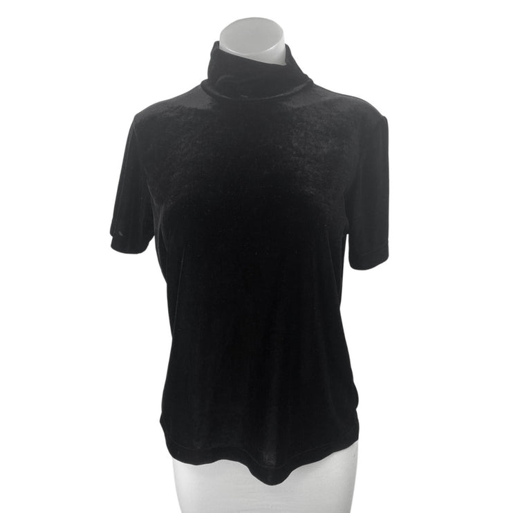White Stag Women's Black Velvet Velour Turtleneck Short Sleeve Sweater Top Sz L