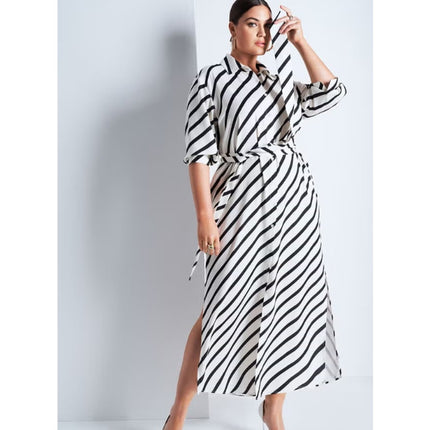 Eloquii Black White Striped Long Sleeve Slit Belted Button Maxi Shirt Dress 14