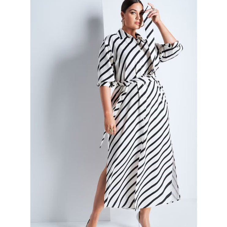 Eloquii Black White Striped Long Sleeve Slit Belted Button Maxi Shirt Dress 14
