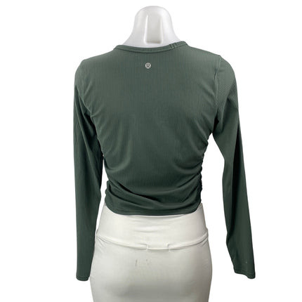 Lululemon Women's Green Ribbed Knit Long Sleeve Crew Athletic Crop Top Size M