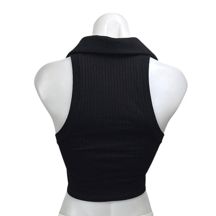 Zara Women's Black Sleeveless Rib Knit Collar V Neck Polo Tank Crop Top Size S