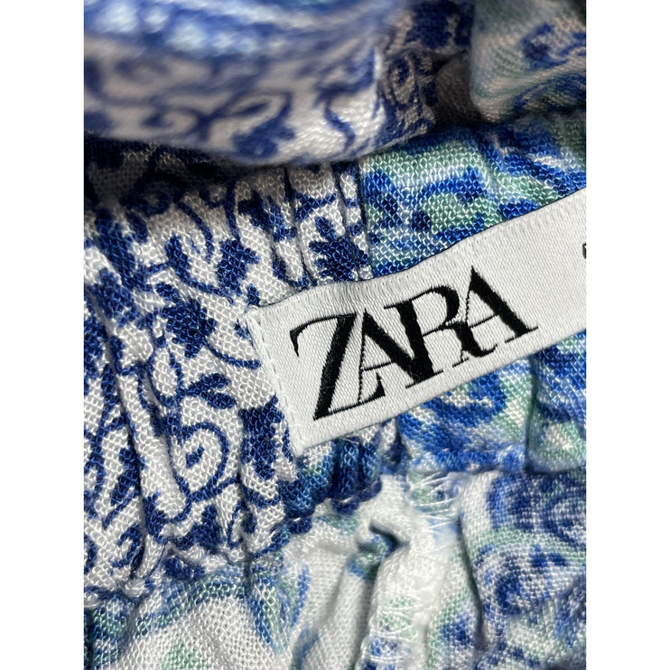 Zara Women's Blue White Paisley High Rise Boho Palazzo Wide Leg Trousers Pants S