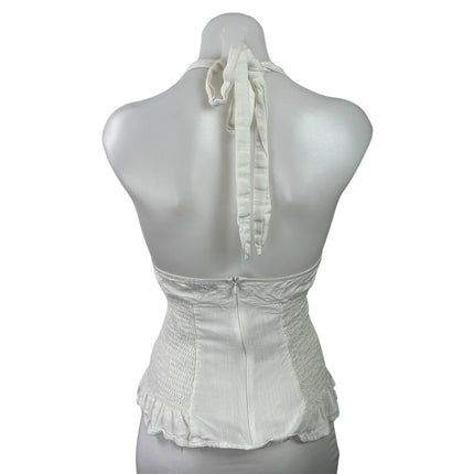 Princess Polly White Lace Halter V Neck Ruffle Smocked Open Back Blouse Top Sz 0