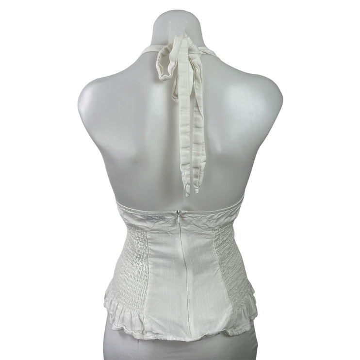 Princess Polly White Lace Halter V Neck Ruffle Smocked Open Back Blouse Top Sz 0