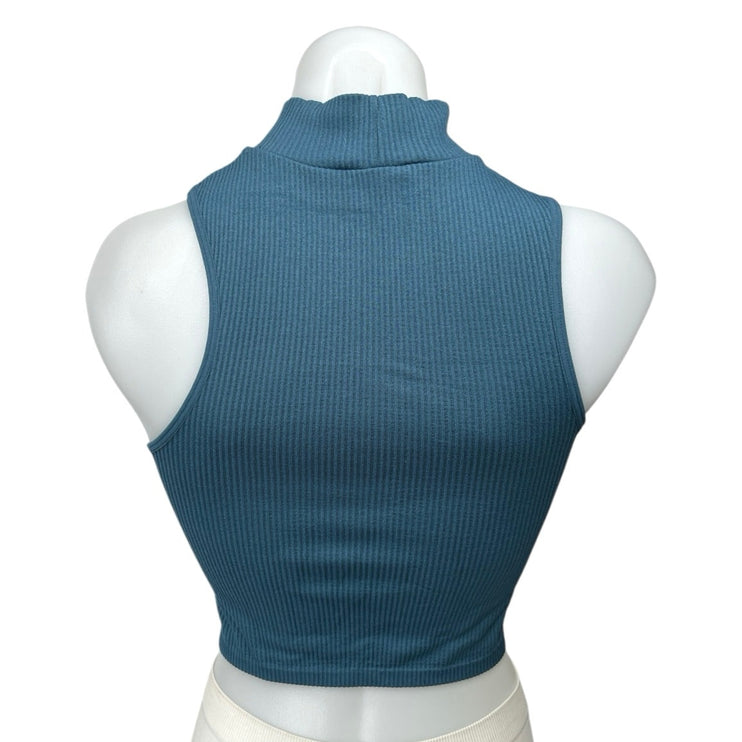 Zara Blue Ribbed Racerback Mock Neck Stretch Knit Crop Sweater Tank Top Sz XS-S