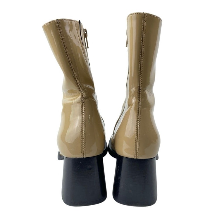 E8 by Miista Beige Patent Leather Block Heel Square Toe Zip Up Ankle Boots 7.5