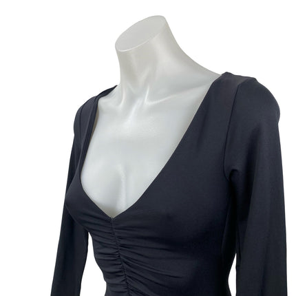 Zara Women's Black Center Ruched Deep V Neck Long Sleeve Slim Bodysuit Top Sz S