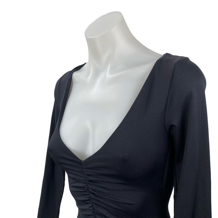 Zara Women's Black Center Ruched Deep V Neck Long Sleeve Slim Bodysuit Top Sz S