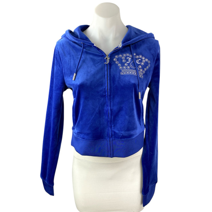 NEW Juicy Couture Blue Rhinestone Velvet Velour Hoodie Hooded Zip Sweatshirt S