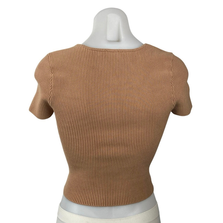 Abercrombie & Fitch Women's Rib Knit Brown Square Neck Short Sleeve Crop Top XS