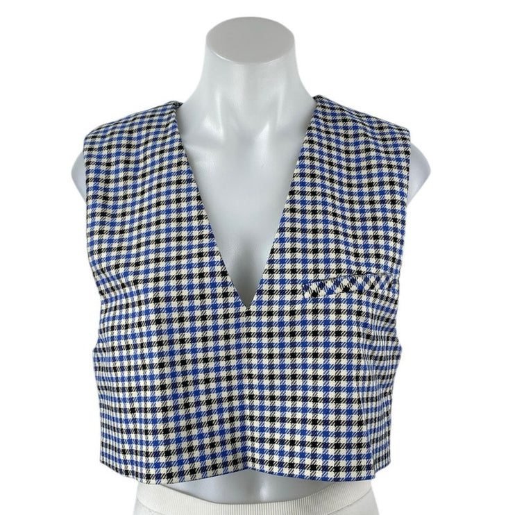 Zara Women's Blue Gingham Houndstooth Sleeveless V Neck Vest Crop Top Size XS
