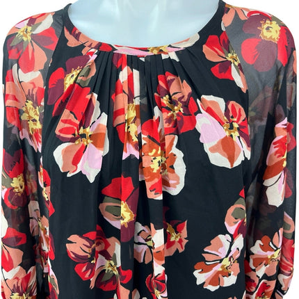 Madewell Black Floral Tie Back Pleated 3/4 Balloon Sleeve Tunic Blouse Top Sz XS