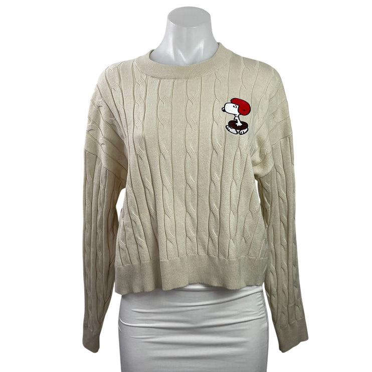Aeropostale Peanuts Snoopy Football Cream Cable Knit Long Sleeve Sweater Top M