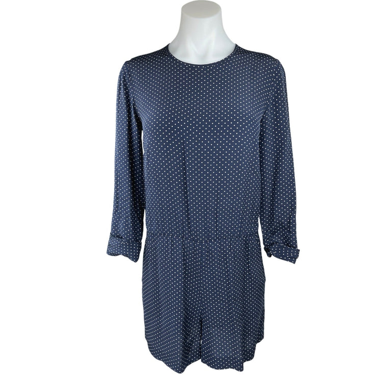 Club Monaco Navy Blue White Polka Dots Long Sleeve Crew Neck Romper Shorts Sz S