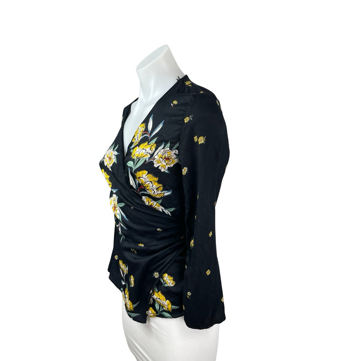 Zara Women's Black Floral Long Sleeve V Neck Tie Wrap Peplum Blouse Top Size M