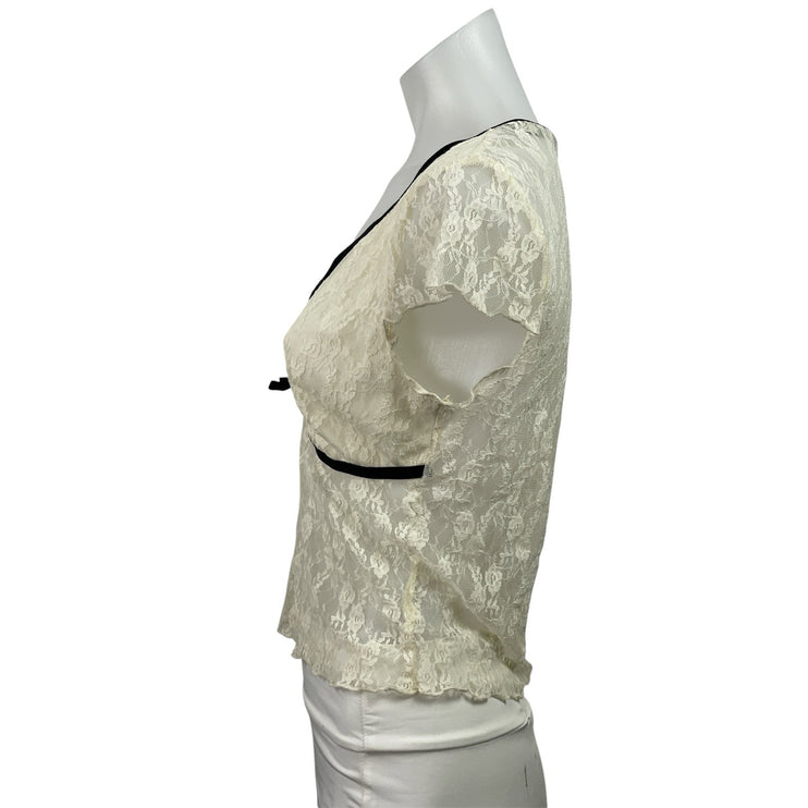 Kimchi Blue Womens White Floral Lace V-neck Short Cap Sleeve Sheer Blouse Top L