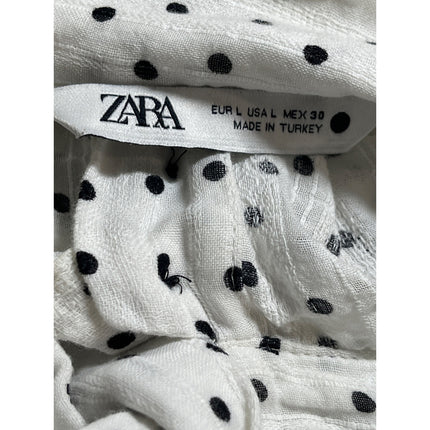 Zara Women's White Polka Dots Balloon Long Sleeve Tie High Neck Blouse Top Sz L