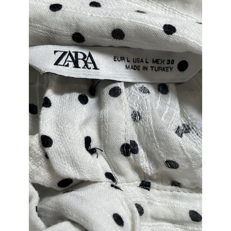 Zara Women's White Polka Dots Balloon Long Sleeve Tie High Neck Blouse Top Sz L