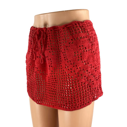 Memorial Day Red Open Crochet Knit Heart Tie Beach Cover Up Mini Skirt Size 2