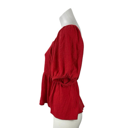 Madewell Womne's Red Puff Sleeve Square Neck Babydoll Flare Peplum Blouse Top XS