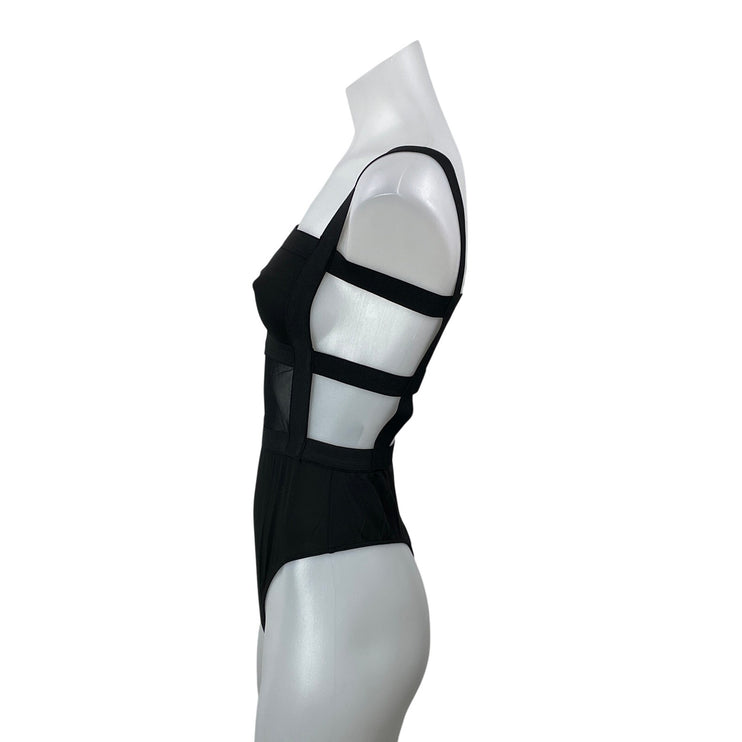 Superdown Camille Black Mesh Sleeveless Square Neck Strappy Back Bodysuit Size S