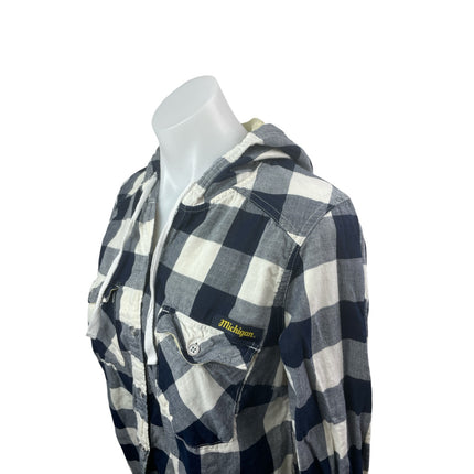 Columbia Womens Blue Plaid Flannel Long Sleeve Hoodie Button Up Shirt Top Size S